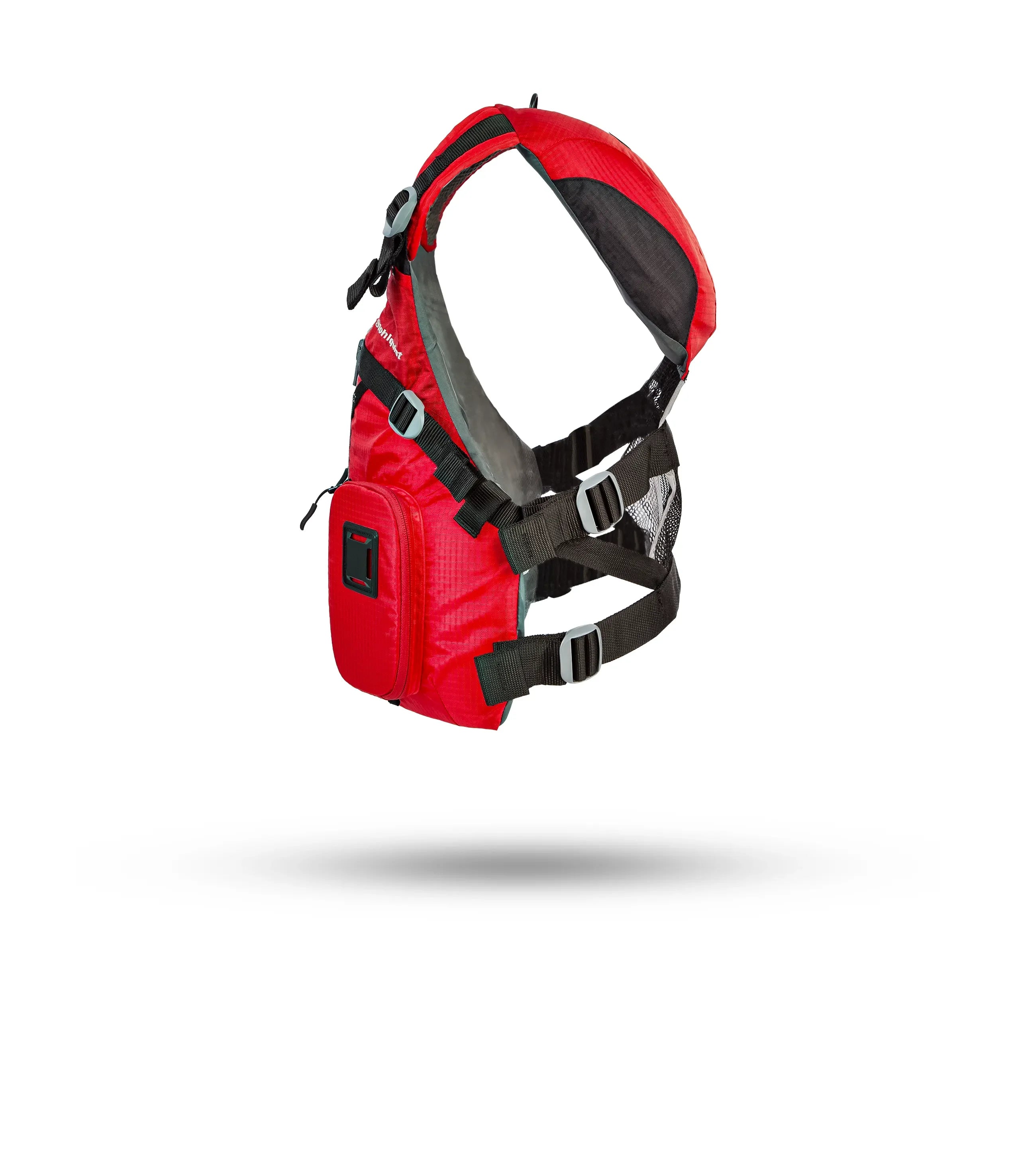 Stohlquist red kayaking life jacket with front pocket, side view on white background.