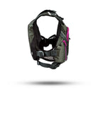 Stohlquist gray kayak life jacket with pink zipper, side view, floating on white background