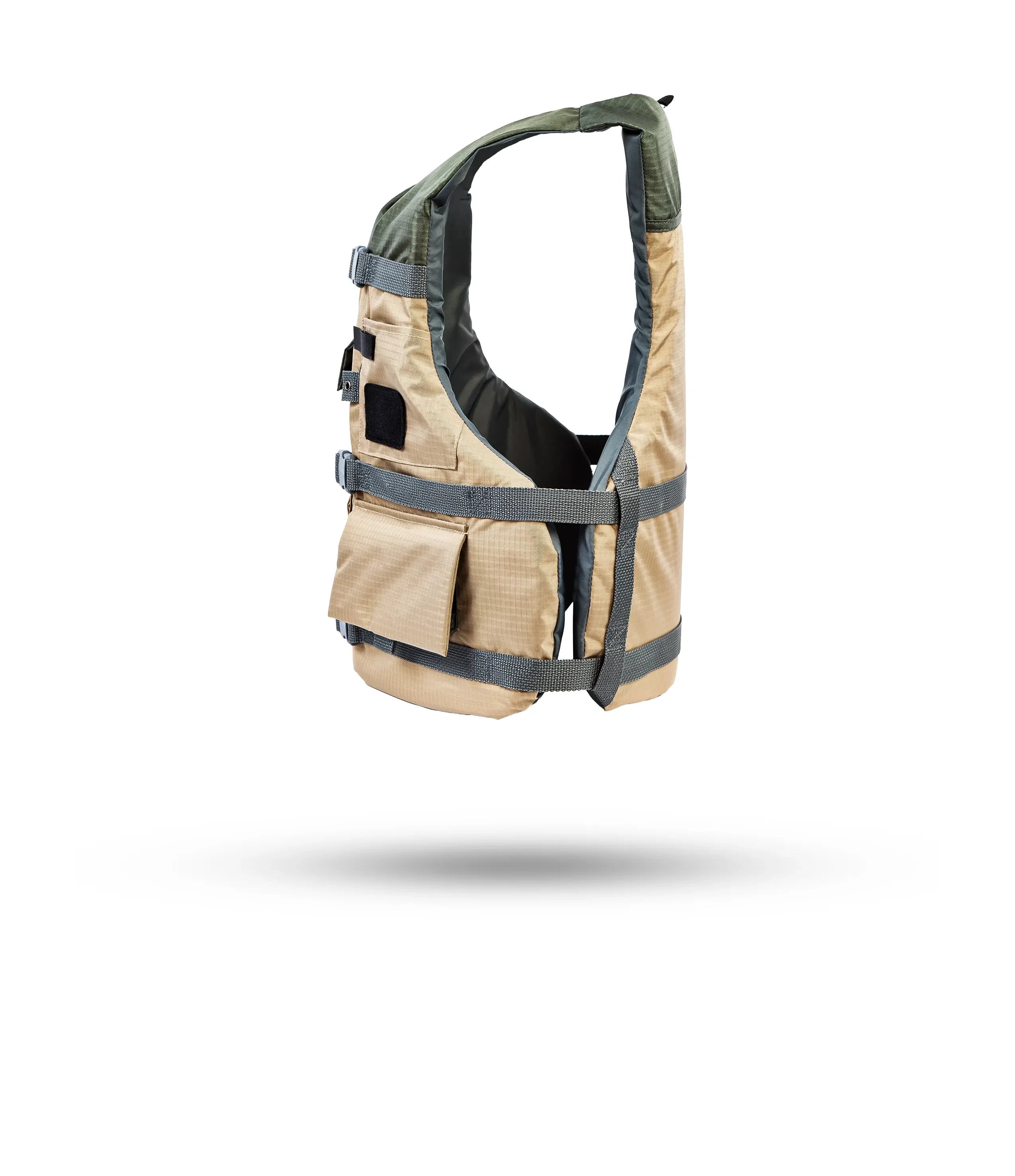 Stohlquist khaki kayaking life jacket with pockets, side view, on white background