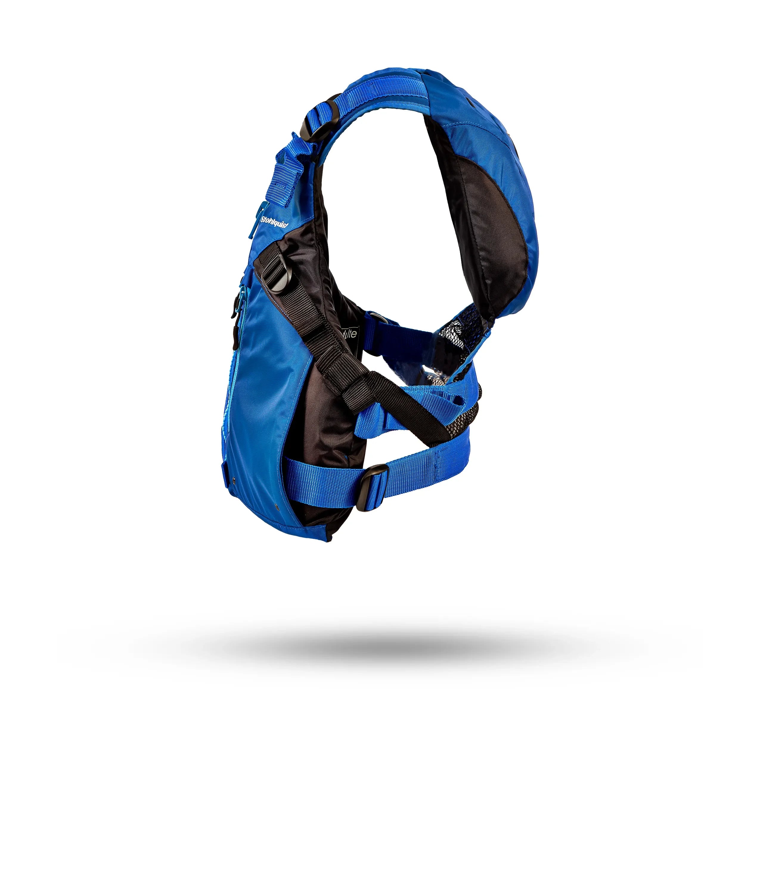 Stohlquist blue kayaking life jacket with adjustable straps, side view on white background