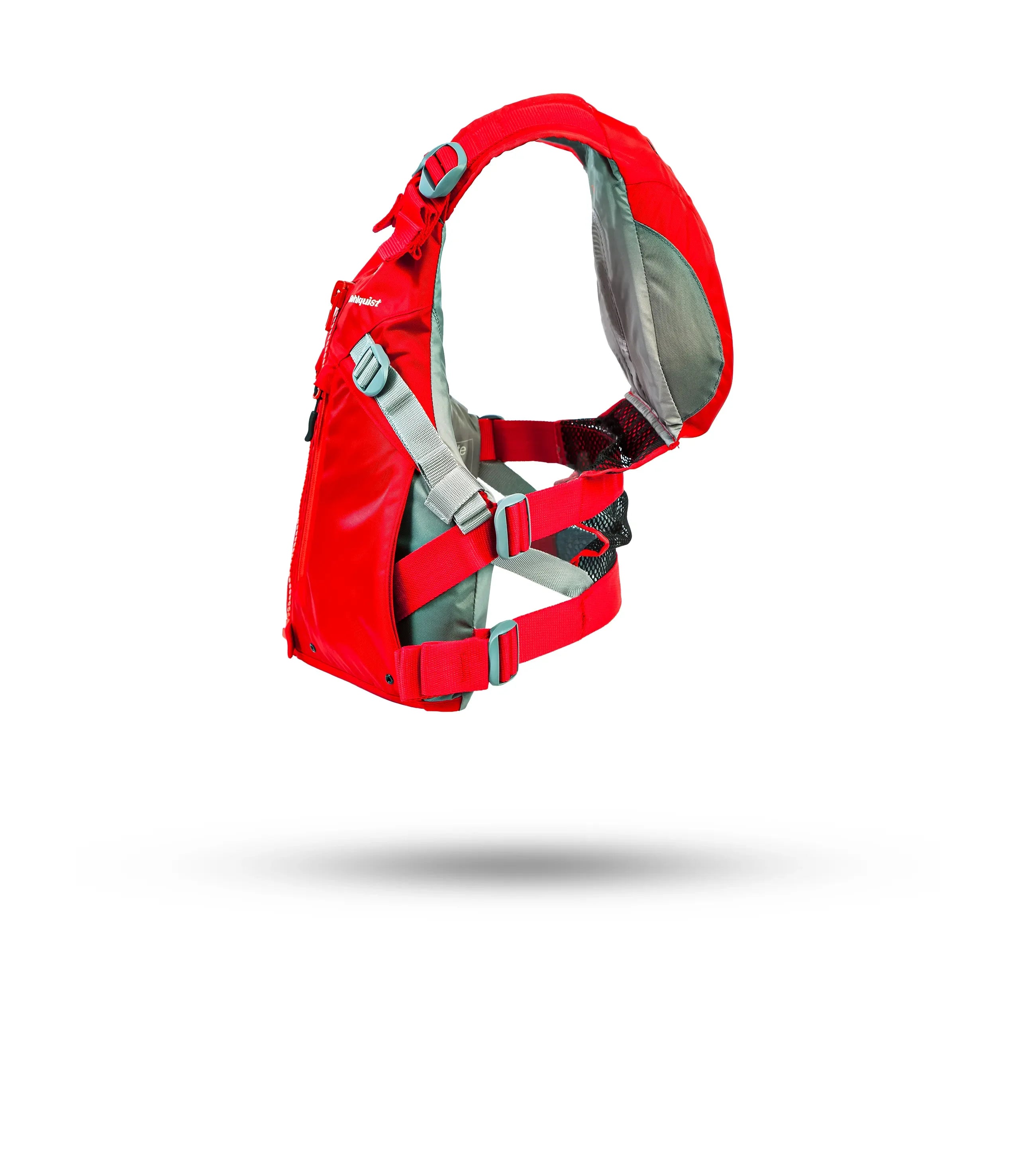 Stohlquist red kayaking life jacket with adjustable straps, side view on white background