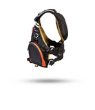 Stohlquist black fisherman kayaking life jacket with orange front pocket on white background