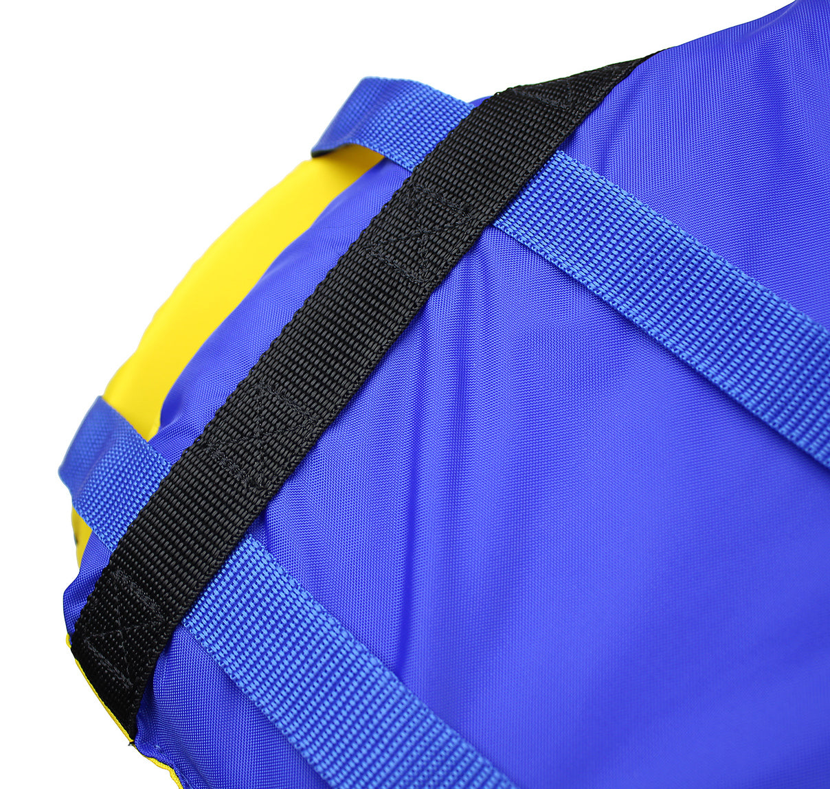 Close-up of Stohlquist kayaking life jacket with blue and black adjustable straps