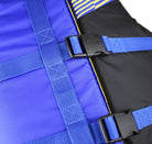 Close-up of Stohlquist blue kayaking life jacket adjustable buckles and straps.