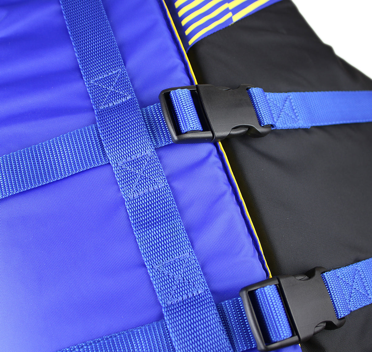 Close-up of Stohlquist blue kayaking life jacket adjustable buckles and straps.