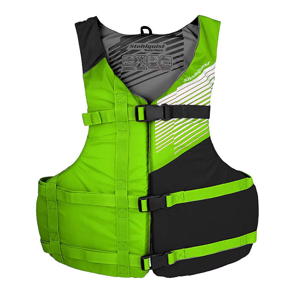 Stohlquist green and black kayaking life jacket with front buckles and safety straps