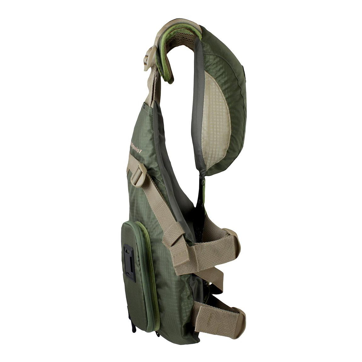 Stohlquist green kayaking life jacket with adjustable straps and side storage pocket