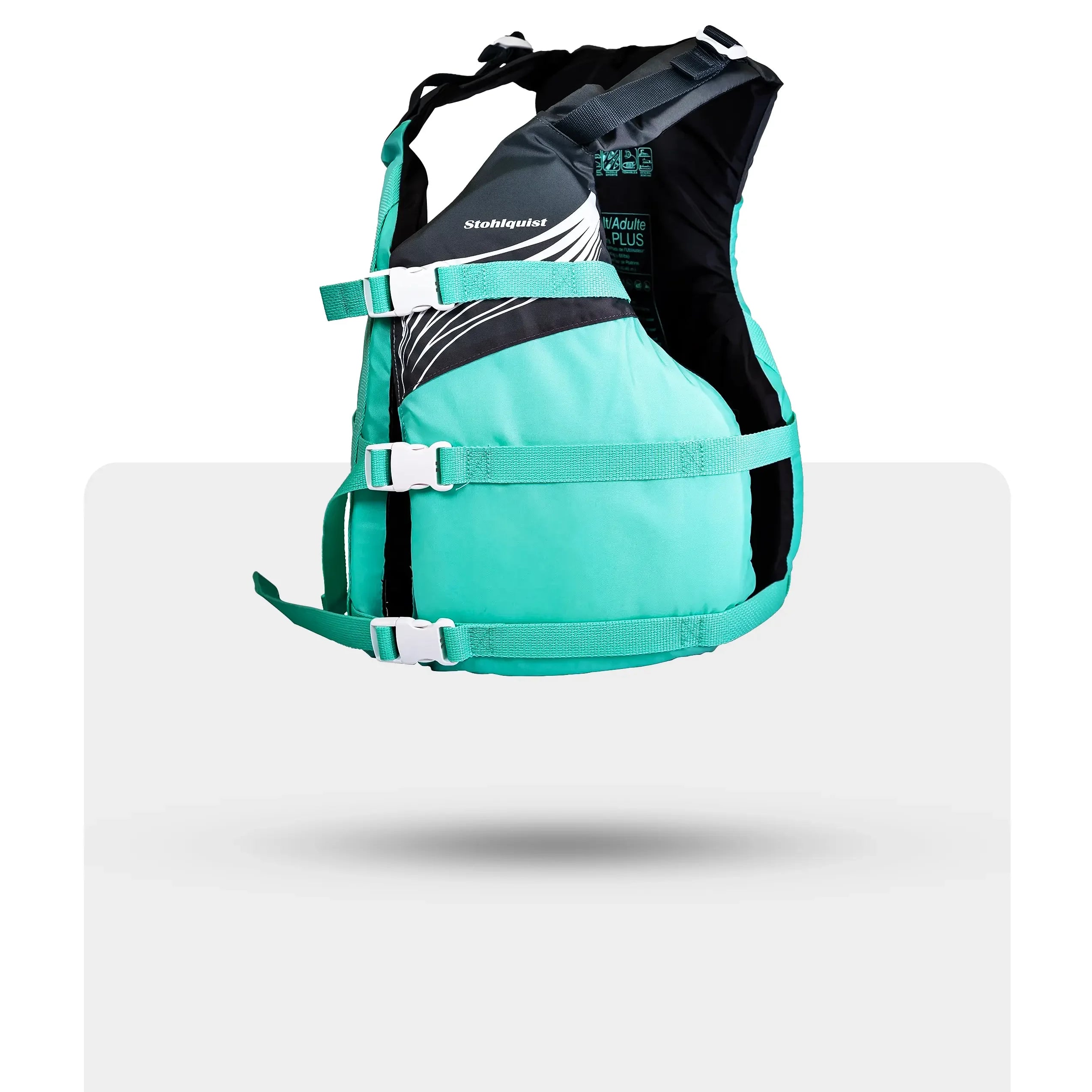 Stohlquist teal kayaking life jacket with adjustable straps on white background
