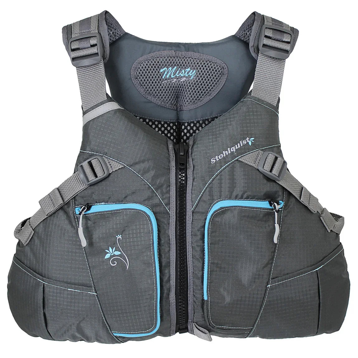 Stohlquist Misty women's gray kayak life jacket with adjustable straps and zip pockets