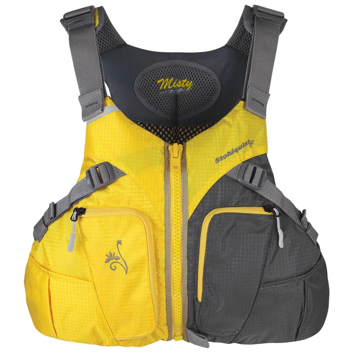 Stohlquist Misty women's yellow and gray kayaking life jacket with zippered pockets